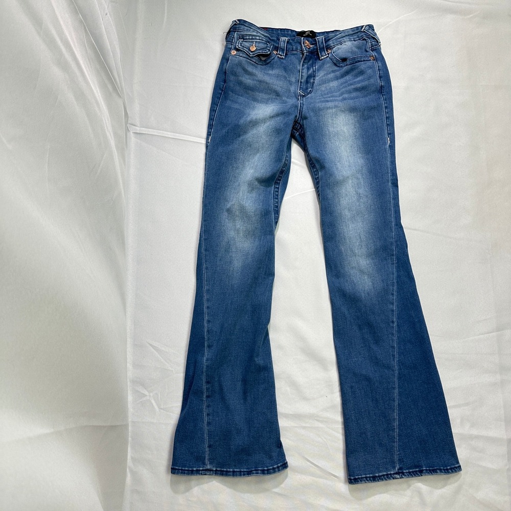True Religion Medium Blue Flare Jeans with Branded Back Pockets